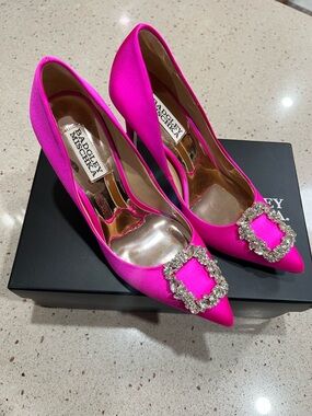 Badgley Mischka Hot Pink Satin Crystal-Buckle Pointed Pumps